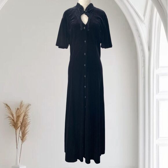 Witchy Whimsygoth High Neck Corset Black Velvet Button Up Maxi Midi Dress 14 L - Picture 1 of 8